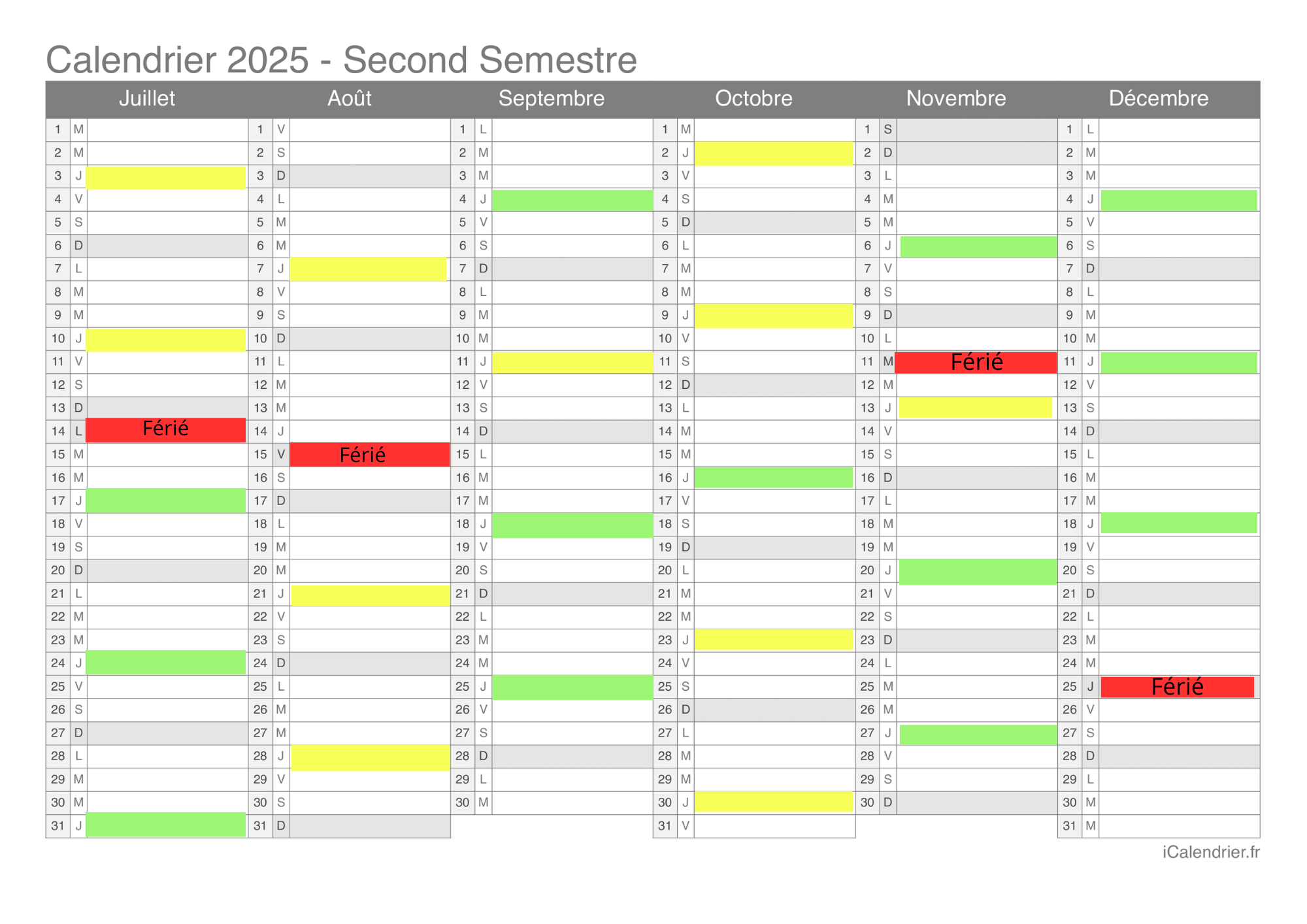 calendrier 2025 2 semestre
